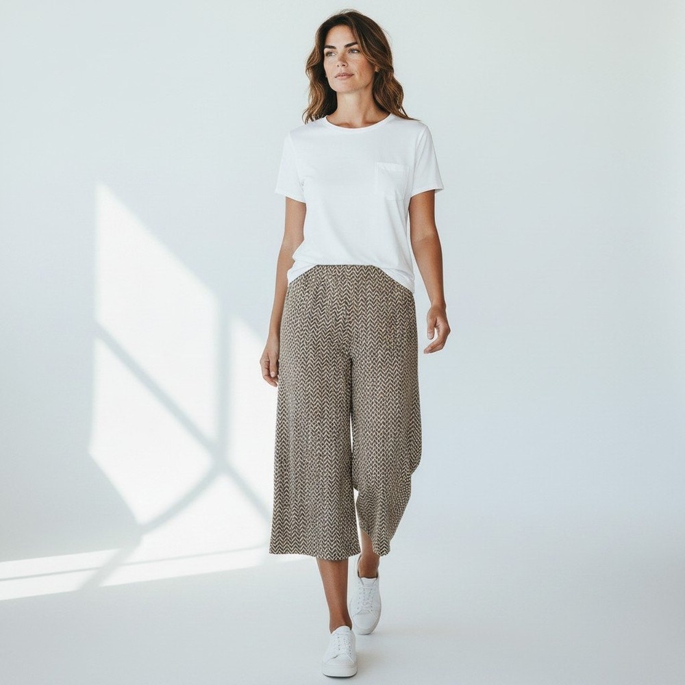Max Studio London Wide Leg Culotte Pants XL Brown Geometric Knit Pull On Pockets